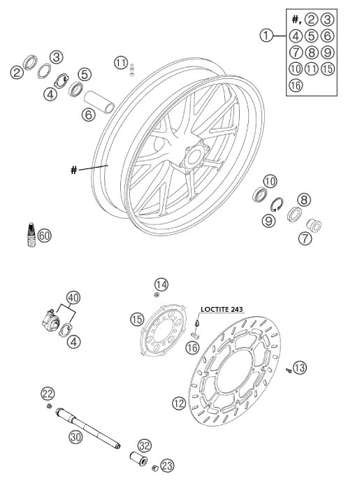Sprängskiss: Front Wheel – KTM 640 DUKE II ORANGE 2002