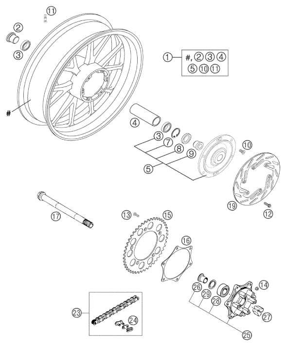 Sprängskiss: Front Wheel – KTM 640 DUKE II ORANGE 2002