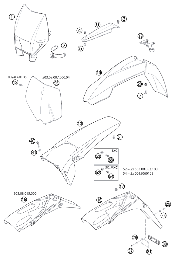 Sprängskiss: Mask, Fenders – KTM 400 EXC RACING 2002