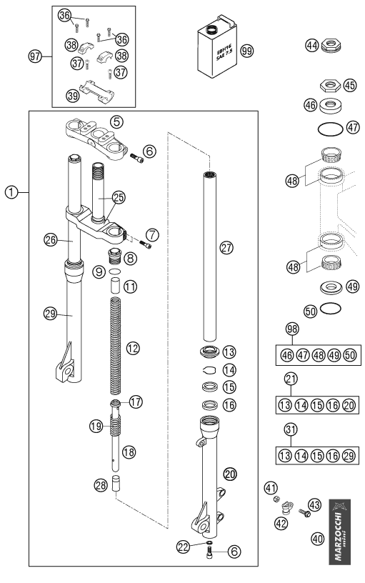 Sprängskiss: Front Fork, Triple Clamp – KTM 50 SX PRO SENIOR LC 2003