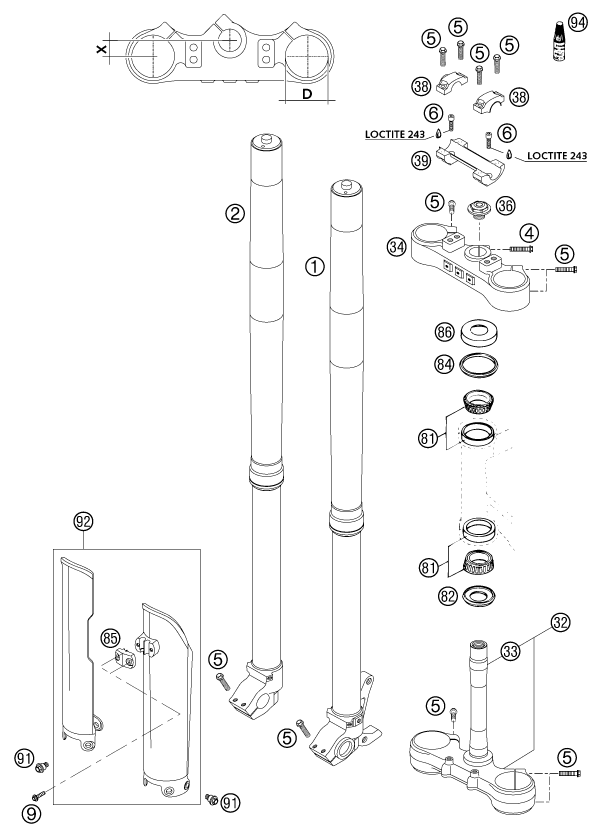 Sprängskiss: Front Fork, Triple Clamp – KTM 250 EXC RACING 2003