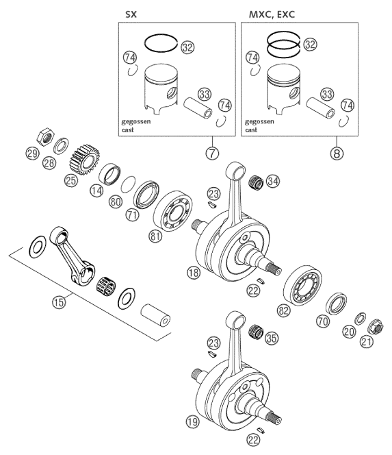 Sprängskiss: Crankshaft, Piston – KTM 200 EXC 2003