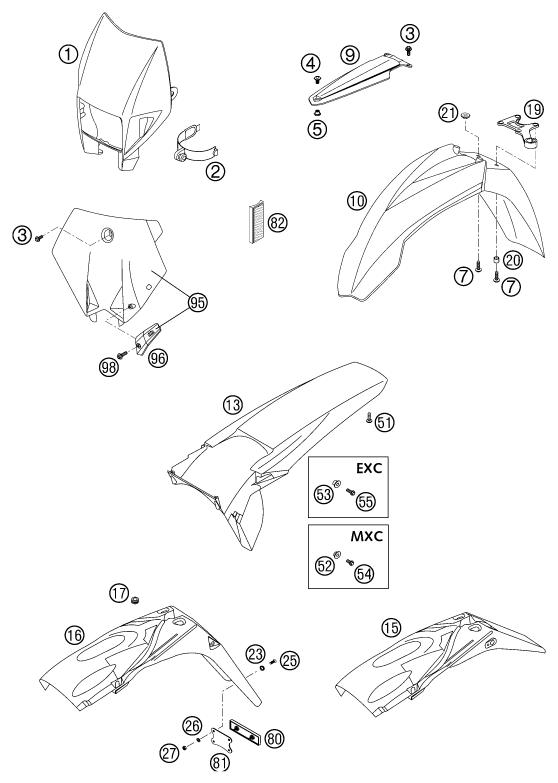 Sprängskiss: Mask, Fenders – KTM 250 EXC 2003