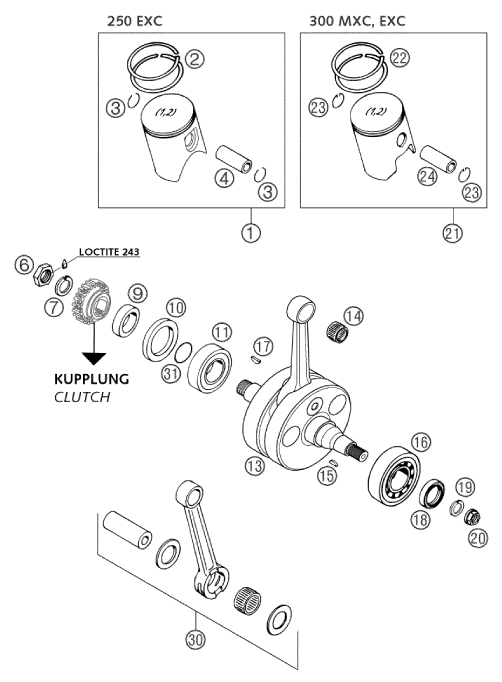 Sprängskiss: Crankshaft, Piston – KTM 250 EXC 2003