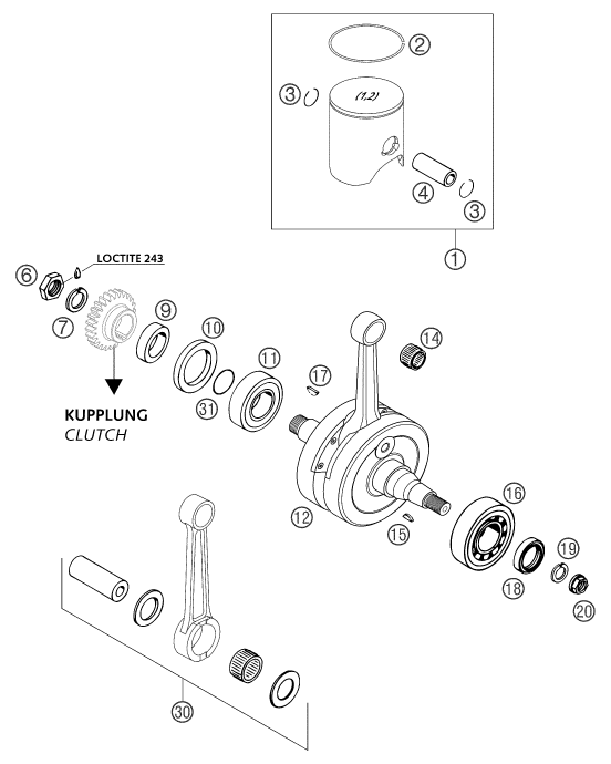 Sprängskiss: Crankshaft, Piston – KTM 250 SX 2003