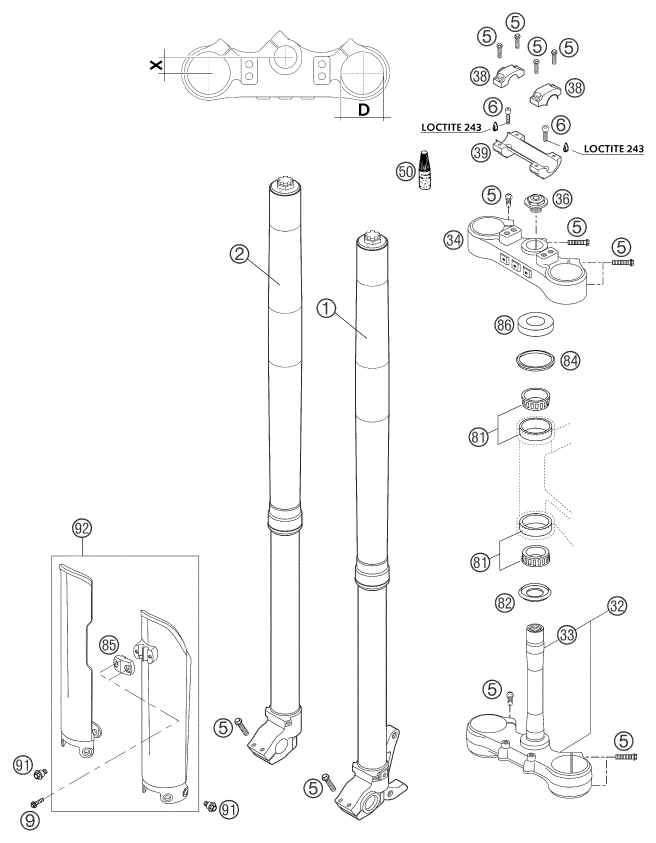 Sprängskiss: Front Fork, Triple Clamp – KTM 625 SXC 2003