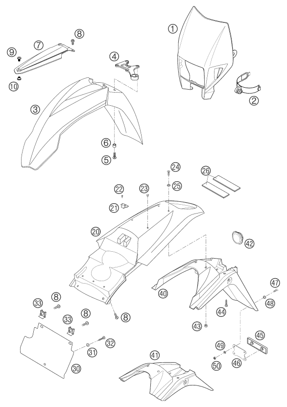 Sprängskiss: Mask, Fenders – KTM 625 SXC 2003