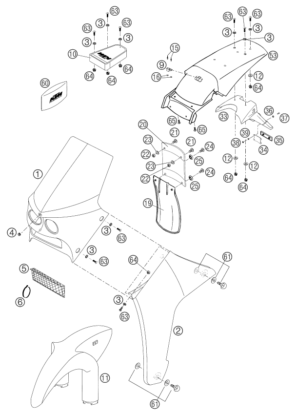 Sprängskiss: Mask, Fenders – KTM 660 RALLYE FACTORY REPL. 2003