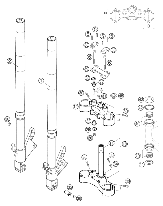 Sprängskiss: Front Fork, Triple Clamp – KTM 640 DUKE II BLACK 2003