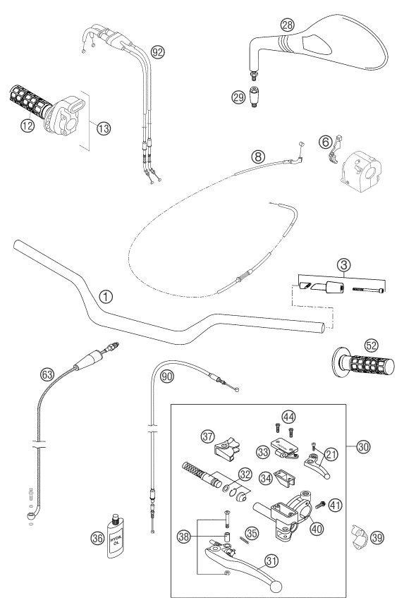Sprängskiss: Handlebar, Controls – KTM 640 DUKE II BLACK 2003