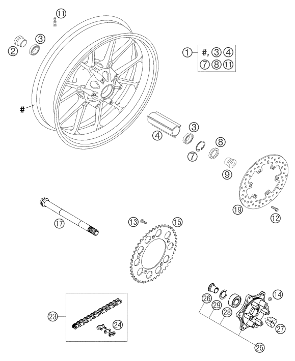 Sprängskiss: Rear Wheel – KTM 640 DUKE II BLACK 2003