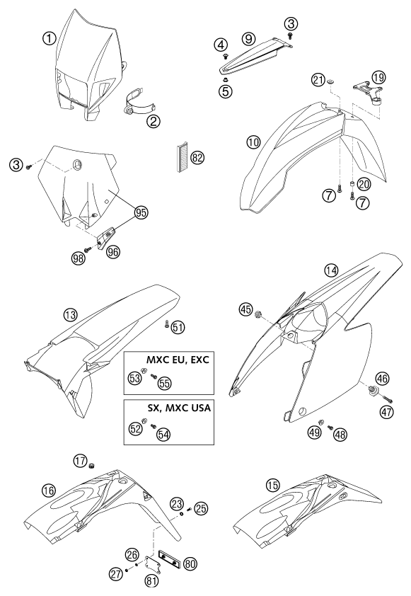 Sprängskiss: Mask, Fenders – KTM 250 EXC RACING 2003