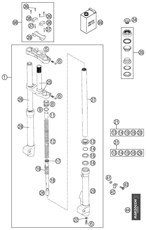 Sprängskiss: Front Fork, Triple Clamp – KTM 50 MINI ADVENTURE 2004