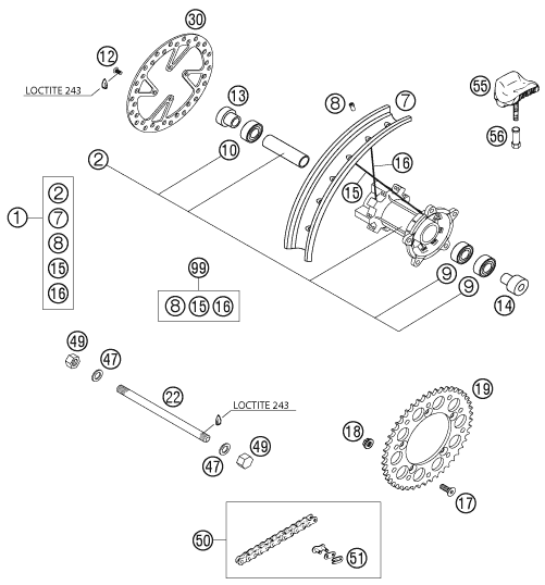 Sprängskiss: Rear Wheel – KTM 65 SX 2004