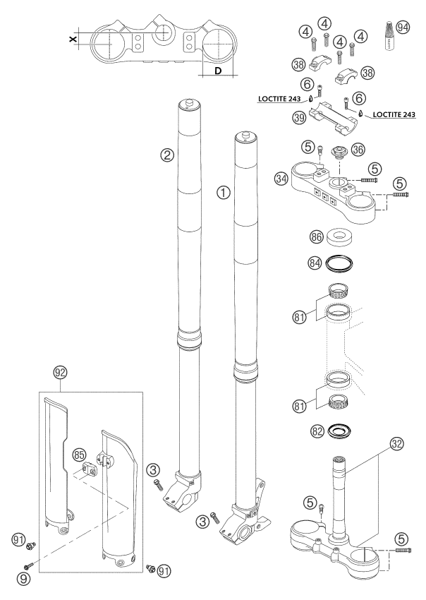 Sprängskiss: Front Fork, Triple Clamp – KTM 125 SX 2004
