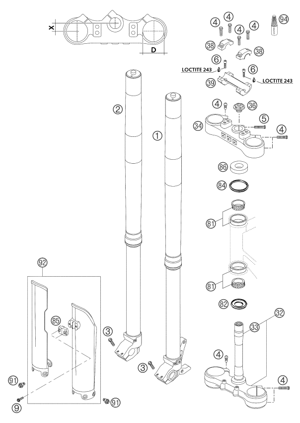 Sprängskiss: Front Fork, Triple Clamp – KTM 125 EXC SIX-DAYS 2004