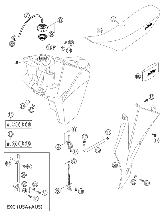 Sprängskiss: Tank, Seat – KTM 125 EXC SIX-DAYS 2004