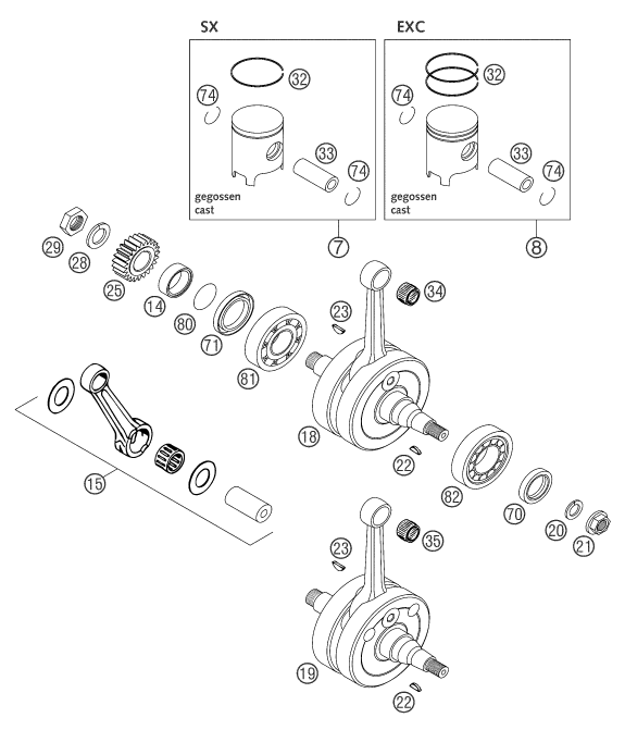 Sprängskiss: Crankshaft, Piston – KTM 125 EXC SIX-DAYS 2004