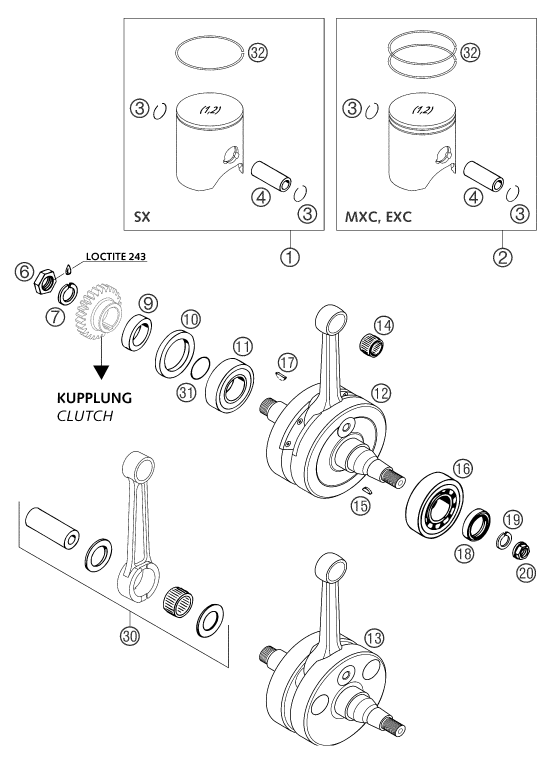 Sprängskiss: Crankshaft, Piston – KTM 250 SX 2004