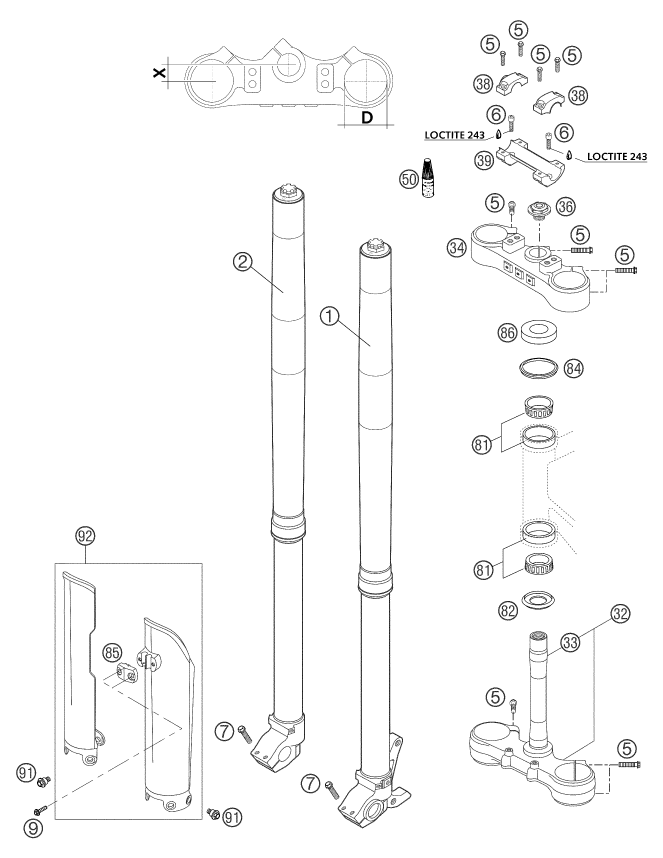 Sprängskiss: Front Fork, Triple Clamp – KTM 625 SXC 2004