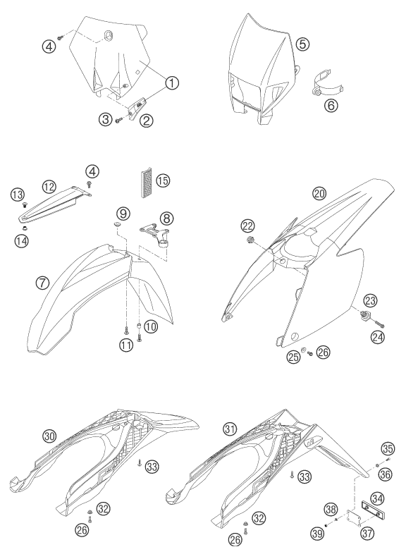 Sprängskiss: Mask, Fenders – KTM 250 EXC RACING 2004