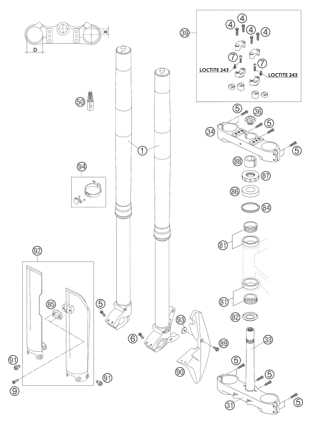 Sprängskiss: Front Fork, Triple Clamp – KTM 660 SMS