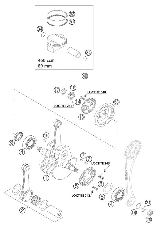 Sprängskiss: Crankshaft, Piston – KTM 450 SMS