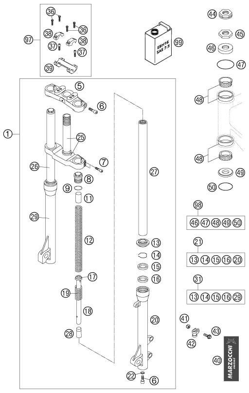 Sprängskiss: Front Fork, Triple Clamp – KTM 50 SX 2006