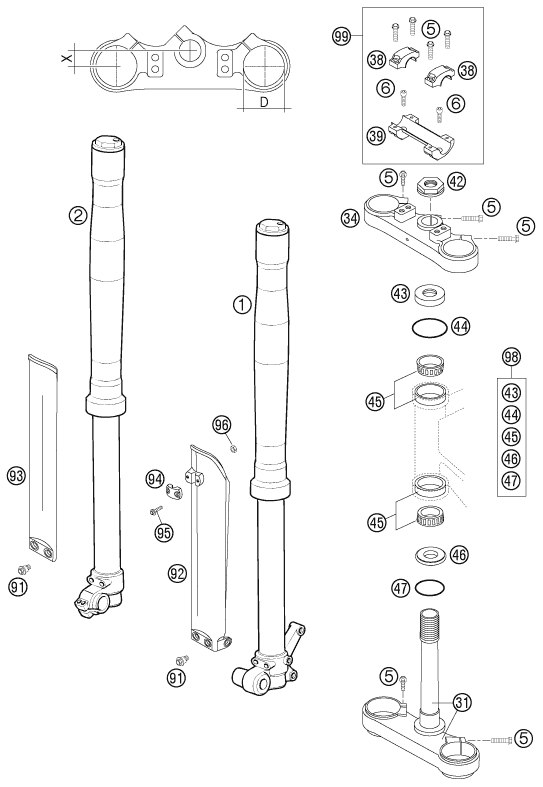 Sprängskiss: Front Fork, Triple Clamp – KTM 65 SX 2006