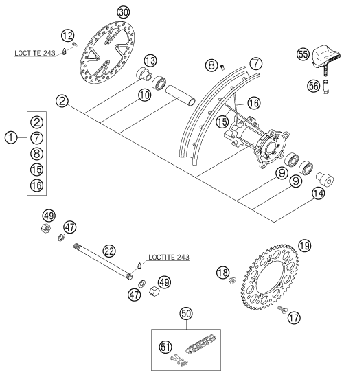 Sprängskiss: Rear Wheel – KTM 65 SX 2005