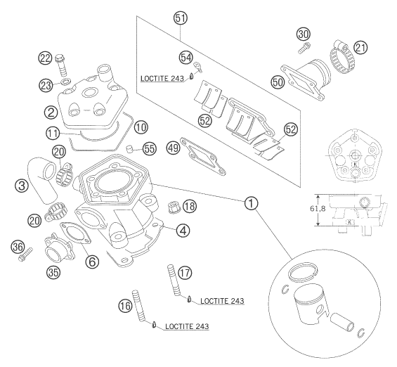 Sprängskiss: Cylinder, Cylinder Head – KTM 65 SX 2006