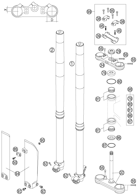 Sprängskiss: Front Fork, Triple Clamp – KTM 85 SX 17/14 2005