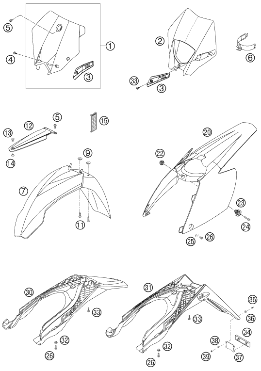 Sprängskiss: Mask, Fenders – KTM 200 EXC 2005