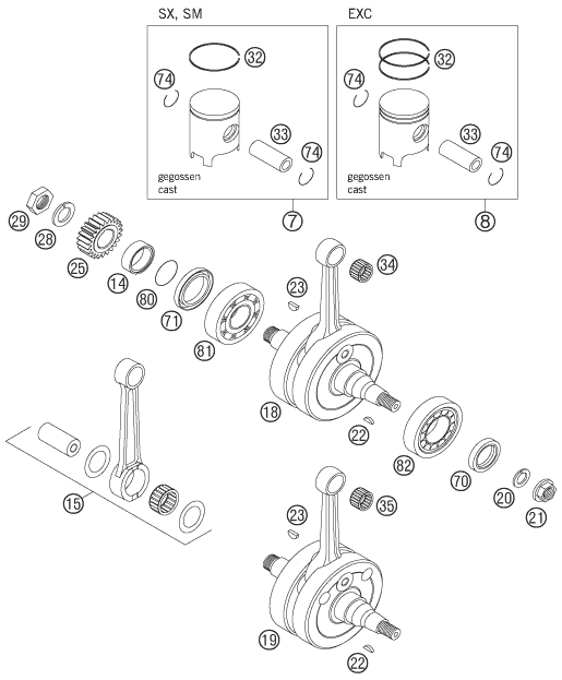 Sprängskiss: Crankshaft, Piston – KTM 200 EXC 2005