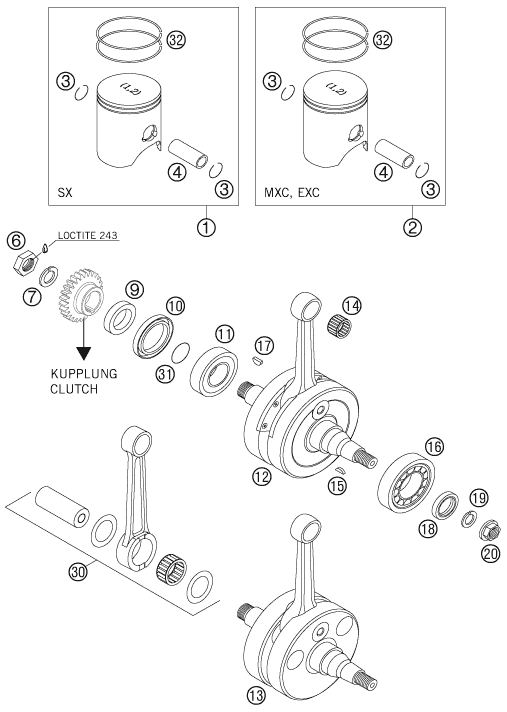 Sprängskiss: Crankshaft, Piston – KTM 250 SX 2005