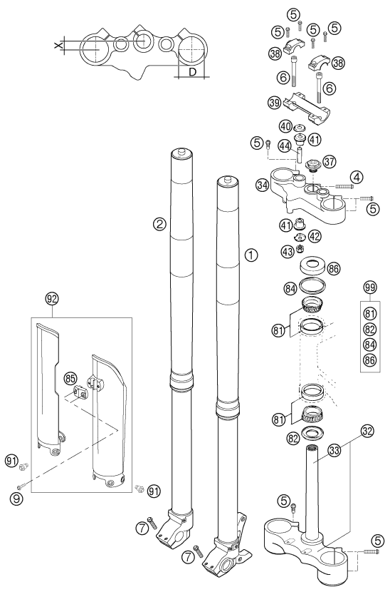 Sprängskiss: Front Fork, Triple Clamp – KTM 400 LS-E/ MIL 2005