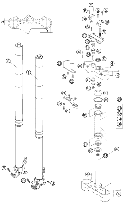 Sprängskiss: Front Fork, Triple Clamp – KTM 640 LC4 ADVENTURE 2006