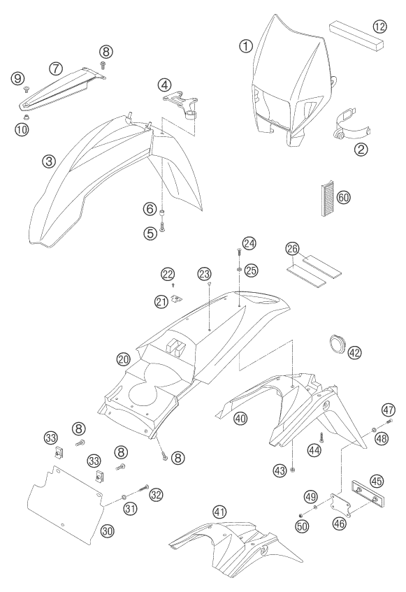 Sprängskiss: Mask, Fenders – KTM 625 SXC 2005