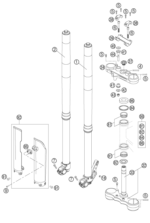 Sprängskiss: Front Fork, Triple Clamp – KTM 640 LC4 SUPERMOTO BLACK 2005