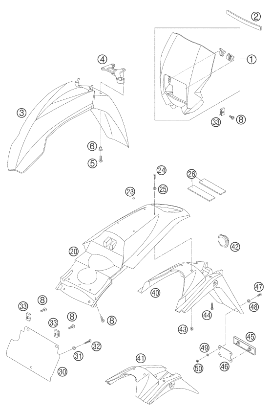 Sprängskiss: Mask, Fenders – KTM 640 LC4 ENDURO ORANGE 2006