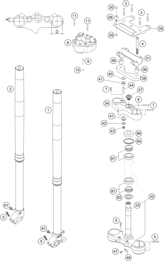 Sprängskiss: Front Fork, Triple Clamp – KTM 660 RALLYE FACTORY REPL. 2005