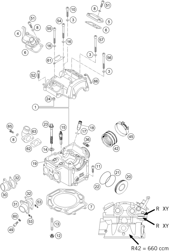 Sprängskiss: Cylinder, Cylinder Head – KTM 660 RALLYE FACTORY REPL. 2005