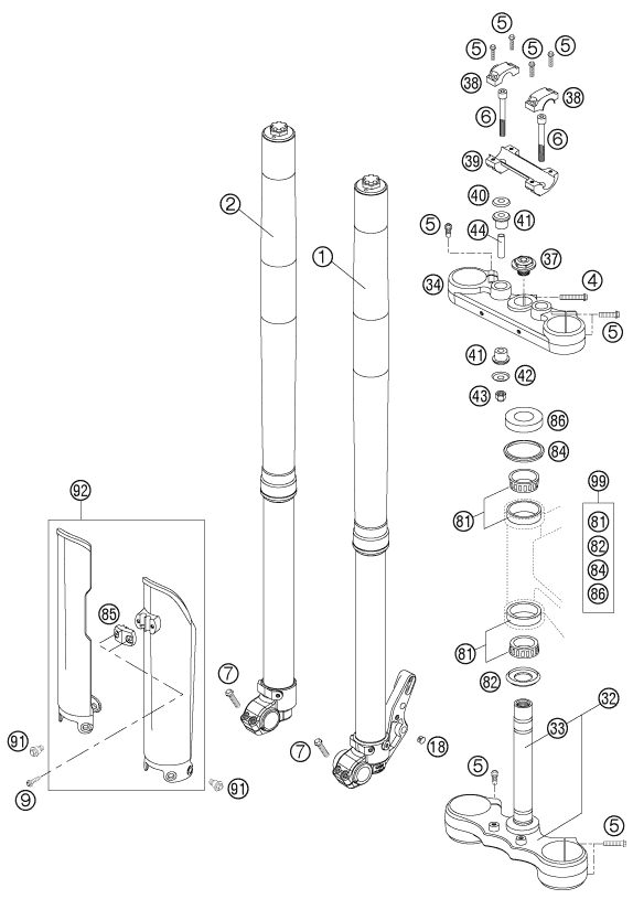 Sprängskiss: Front Fork, Triple Clamp – KTM 660 SMC 2006