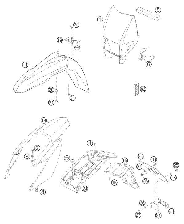 Sprängskiss: Mask, Fenders – KTM 625 SMC 2005