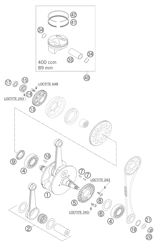 Sprängskiss: Crankshaft, Piston – KTM 400 EXC RACING 2004