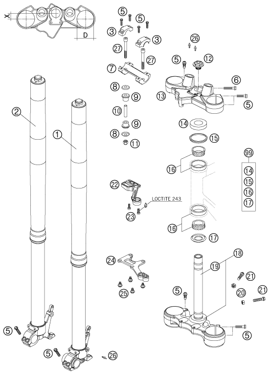 Sprängskiss: Front Fork, Triple Clamp – KTM 950 ADVENTURE S 2005