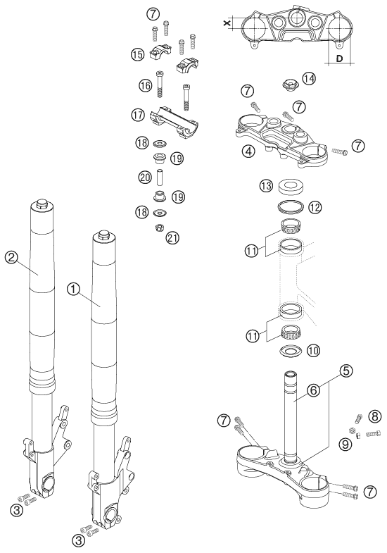 Sprängskiss: Front Fork, Triple Clamp – KTM 990 SUPERDUKE BLACK 2005