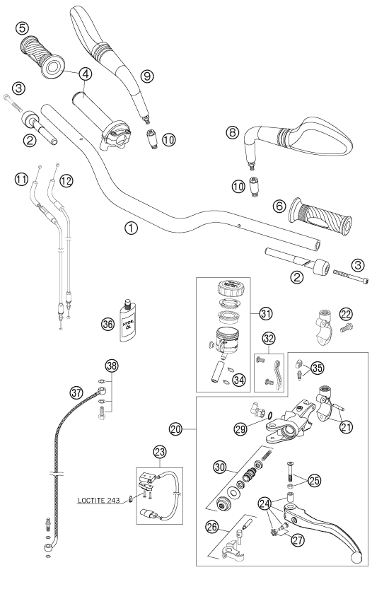 Sprängskiss: Handlebar, Controls – KTM 990 SUPERDUKE BLACK 2005