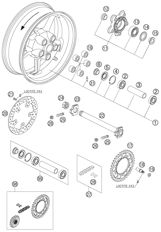 Sprängskiss: Rear Wheel – KTM 950 SUPERMOTO BLACK 2005