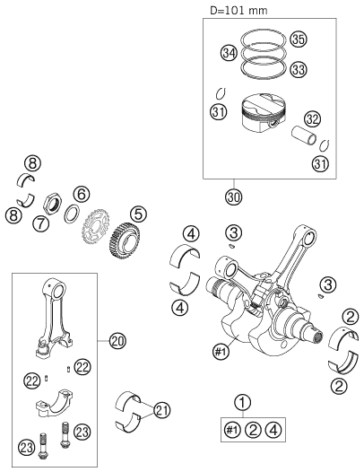 Sprängskiss: Crankshaft, Piston – KTM 990 SUPERDUKE BLACK 2005
